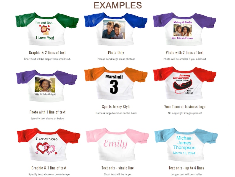 May include: A collage of ten different t-shirt designs for customizing with photos, graphics, and text. The designs include a lion graphic, a photo of two children, a photo of a girl, a sports jersey, a team logo, a heart graphic, a single line of text, and a multi-line text design.