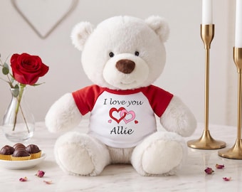 Personalized Valentine Love Heart Teddy Bear - 10 Inch White Nuzzles Bear - Single or interlocking hearts design
