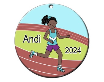 Running / Track Girl Personalized Christmas Ornament - your choice of skin & hair color