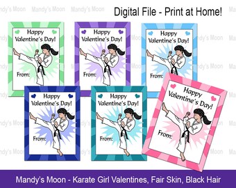 Karate / Martial Arts Girl Valentines - Black Hair, Fair Skin - Digital File, Print at home Valentine Cards