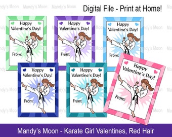 Karate / Martial Arts Girl Valentines - Red Hair - Digital File, Print at home Valentine Cards