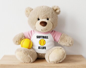 Personalized Softball Teddy Bear - 10 inch Tan Nuzzles Bear