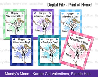 Karate / Martial Arts Girl Valentines - Blonde Hair - Digital File, Print at home Valentine Cards