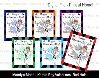 Karate / Martial Arts Boy Valentines - Red Hair - Digital File, Print at home Valentine Cards