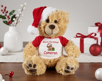 Personalized Christmas Teddy Bear with Santa Hat - 14 inch Honey Bear
