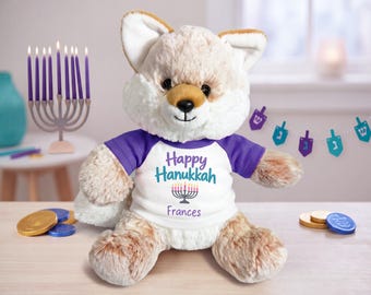 Personalized Hanukkah Fox - 11 Inch Fancy Fox - Happy Hanukkah or My First Hanukkah Design