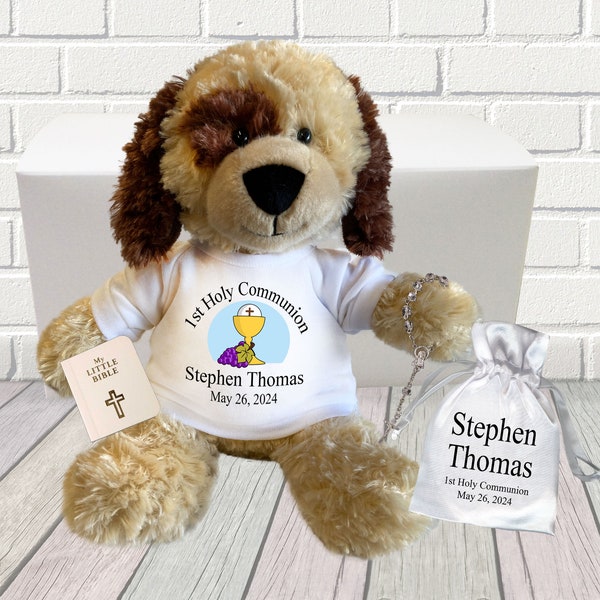 Personalized First Communion Dog Gift Set - 12 Inch Plush Spotty Dog  (12 shirt designs to choose from)