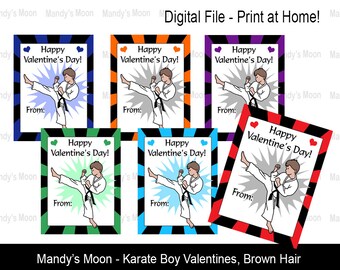 Karate / Martial Arts Boy Valentines - Brown Hair - Digital File, Print at home Valentine Cards