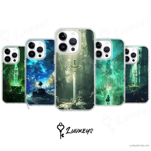 May include: Set of five phone cases featuring different designs. Each case has a clear background with a green, blue, or black design. One case features a sword and a forest scene, another features a sword and a blue sky, and another features a sword and a green sky. The cases are all for iPhone.