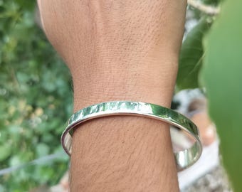 Adjustable Silver Tone Brass Bangle, Boho Cuff Bracelet
