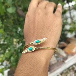 Boho Brass Turquoise Gold Tone Bracelet Leaf design sleek Brass Bangle Gemstone Bangle Jewellery Adjustable Boho Bracelet Gift for her