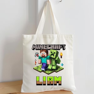 Sac fourre-tout personnalisé pour enfant avec nom de joueur Minecraft-sac de bibliothèque scolaire-sac de bibliothèque chat-sac de bibliothèque pour enfants avec nom de bibliothèque-sac de rentrée pour enfants