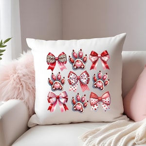 Dog Valentine Paw Pillow Cover, Dog Lover Valentine Gift , Dog Paws and Bow Coquette Pillow Cover, Dog Lover, Dog Mom Valentine&#39;s Day Gift