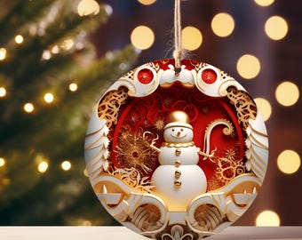 3D Effect Snowman Winter Ornaments, Santa Christmas Ornament, 3D Bird, Tree, Deer Round, Ceramic Break Through, Santa Xmas Holiday Ornament