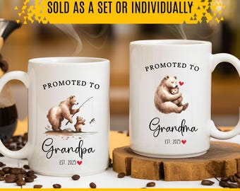 Promoted to Grandma and Grandpa Est Year Mug Set, New Baby Reveal Idea, Grandparent Mug Sets, New Grandparent Gift, Grandma Cup, Grandpa Cup