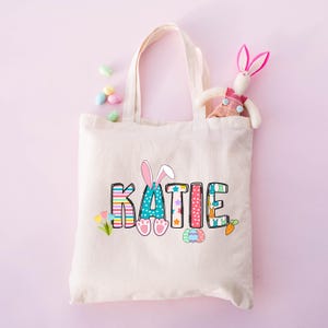 Sac fourre-tout de Pâques personnalisé pour enfants - Chasseur d'oeufs de Pâques - Sac fourre-tout pour enfants - Sac de bibliothèque pour enfants - Sac fourre-tout avec prénom pour garçons et filles - Cartable de rentrée pour enfants