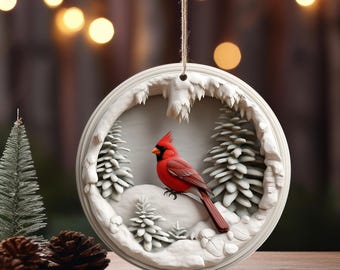 3D Effect DTF Winter Ornament, Christmas Decoration, Handmade 3D Red Cardinal, Red Cardinal Lover Christmas Gift, Ceramic Tree Decor