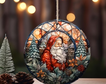 Santa Claus Faux Stained Glass Ornament, Ceramic Christmas UV Print, Santa Tree Decor, Holiday Suncatcher Look Ornament