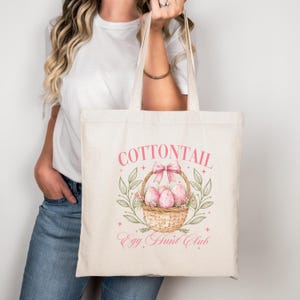 Cottontail Egg Hunt Club Tote Bag, uroczy wzór koszyka wielkanocnego, wiosenna torba wielokrotnego użytku, urocza różowa torba wielkanocna, prezent na Wielki Piątek