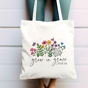 Grow in Grace Tote Bag: Christian Wildflower Design