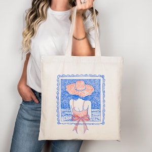 Beach Girl Tote Bag, Retro Summer Ocean View Canvas Bag, Seaside Illustration Eco Tote, Coastal Summer Tote, Nautical Beach Icons Canvas Bag