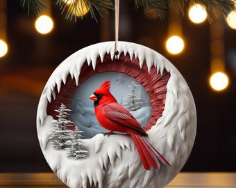 3D Effect Winter Ornament, Red Cardinal Ceramic Ornament, Christmas Decoration, Dog Lover Gifts, Red Cardinal Lover Christmas Gift
