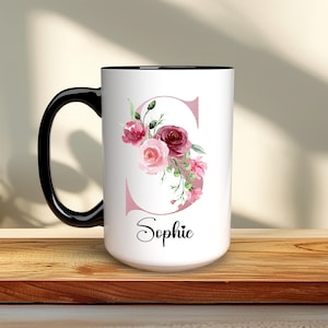 Personalized Watercolor Flowers Alphabet Mug, Custom Name Initial Letter Coffee Mug, Unique Birthday Gift for Women, Gift for Her, Coworker