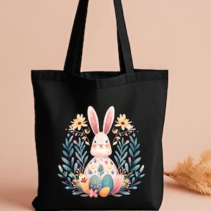 Floral Rabbit Easter Tote Bag: Scandinavian Folk Art Style