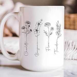 Custom Birth Flower Mug Gift for Mom Floral Coffee Mug Grandma&#39;s Garden Mug Personalized Family Bouquet - White 11 oz Mug Ceramic 15 oz Mug