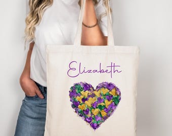 Personalized Mardi Gras Tote Bag, Custom Heart , Aesthetic Tote Bag, Shopping Bag, Reusable Bag, Retro Bag, Mardi Gras Festive Tote Bag Gift