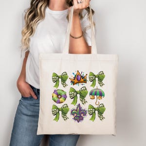 Torba Mardi Gras Tote Bag-Nowy Orlean Festival Canvas Bag-Kolorowe akcesoria karnawałowe-Fleur-de-Lis-Crown Beads Design-NOLA Bag-Louisiana Tote
