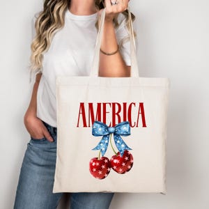 Coquette Cherry 4th of July Tote Bag, Independence Day Patriotic Tote Bag, American Flag Tote, Red White and Blue Tote Bag, USA Lover Tote