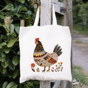 Scandinavian Style Chickens Tote,Scandinavian Tote Bag,Botanical Tote, Folk Art Tote, Scandinavian Gift,Gift For Women Vintage Flower Bag