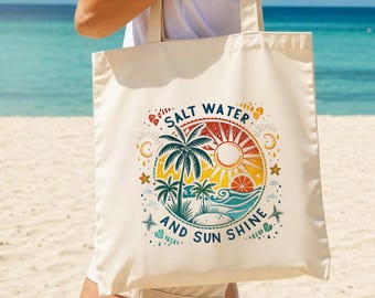 Salt Water and Sun Shine Canvas Tote Bag,Salty Summer Tote,Beach Vacation Gift,Trendy Vintage Summer Tote, Beach Vibes Tote,Summer Life Gift