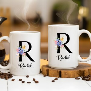 Personalized Watercolor Flowers Alphabet Mug, Custom Name Initial Letter Coffee Mug, Unique Birthday Gift for Women, Gift for Her, Coworker