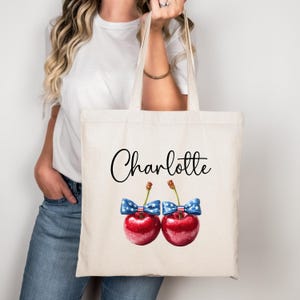Personalized 4th of July Tote Bag: American Flag Cherry Design