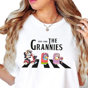 Funny Cartoon Grannies T-Shirt | Cute Family Dog Tee | Matching Blue Pup & Nana Gift Shirt for Kids and Adults