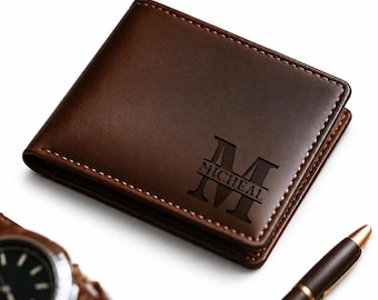 Personalized Leather Wallet for Men – Custom Monogram Bifold Wallet Gift for Dad Husband Boyfriend, Father’s Day Birthday Anniversary