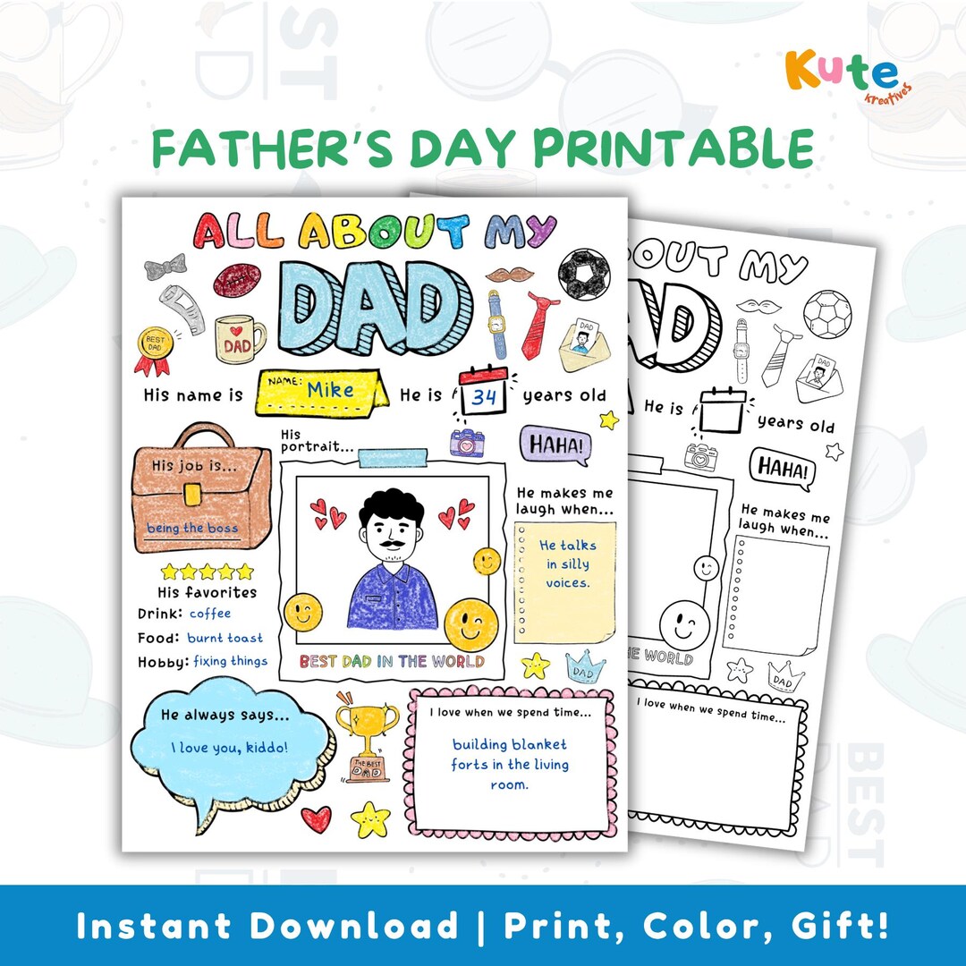 All About My Dad Printable Fathers Day Questionnaire Fathers Day Gift ...