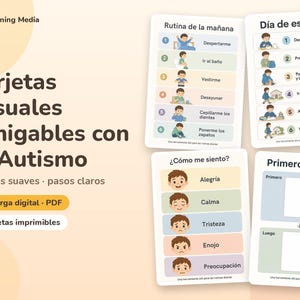 Könnte beinhalten: Vier rechteckige visuelle Hilfskarten mit Illustrationen und spanischem Text. Die Karten zeigen Tagesabläufe, Schultage, emotionale Zustände und ein Erst-Dann-Sequenzdiagramm, alles in sanften Pastellfarben dargestellt.