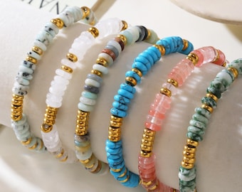 colorful gemstone beaded bracelets-boho stackable bracelet with gold accents, handmade jewelry gift for her