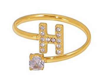 18K Gold Plated Initial Ring - Adjustable Open Letter Statement Ring With Cubic Zirconia - View #7