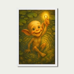 Gollum mignon avec anneau dans l&#39;étang - Impression d&#39;art numérique créature fantastique fantastique, affiche de bébé Gollum souriant