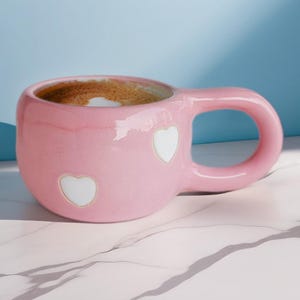 Handmade mug pink color with white Hearts - Large Ceramic Gift for Coffee, Tea & Love!