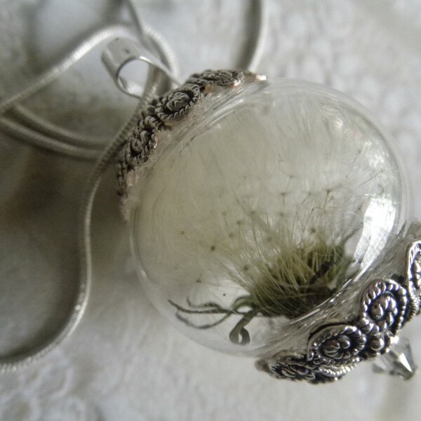 Ride The Wind-Large Glass Orb Whole Dandelion Seed Puff Reliquary Terrarium Pendant-Symbolizes Happiness, Affection, Desire, Faithfulness