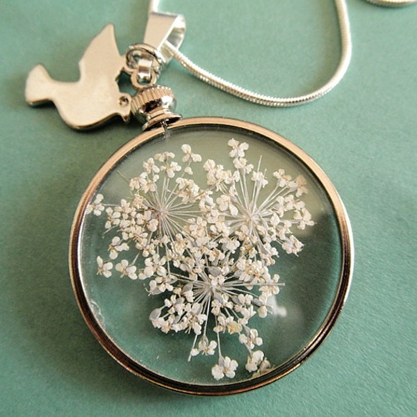 Peace-Queen Anne's Lace Looking Glass Style Pendant With Peace Dove Charm-Symbolizes Peace-Nature's Wearable Art