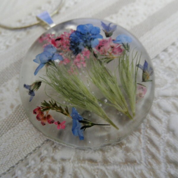 Mysterious, Underwater World In Real Pressed Flowers-Forget-Me-Nots,Wispy Grasses, Queen Anne's Lace, & Heather Round Resin Pendant
