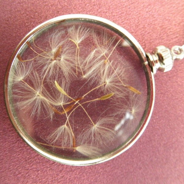 Ride The Wind-Magical Delicate Wispy Dandelion Seeds Between Glass-Looking Glass Style Pendant-Symbolizes Peace, Faithfulness, Happiness