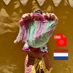 Op de afbeelding: Een handgemaakte gehaakte handtas met een lichtgroene body en een felroze handvat aan de bovenzijde. De tas is versierd met lange, vloeiende franjes van afwisselend lichtgroene en roze garenstrengen. De structuur is zacht, flexibel en getextureerd.