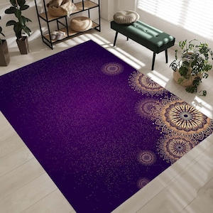Tapis violet, tapis à motifs de mandalas, tapis décoratif élégant, tapis à motifs élégants, tapis design de luxe, tapis à motif ethnique